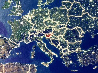 Slovenya gece dünyanın uzaydan. Parlak şehir ışıkları ile plastik gezegen yüzeyinin çok ince ayrıntı. 3D çizim. Nasa tarafından döşenmiş bu görüntü unsurları.