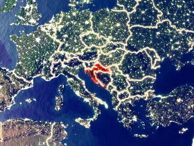 Hırvatistan gece dünyanın uzaydan. Parlak şehir ışıkları ile plastik gezegen yüzeyinin çok ince ayrıntı. 3D çizim. Nasa tarafından döşenmiş bu görüntü unsurları.