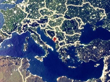 Karadağ gece dünyanın uzaydan. Parlak şehir ışıkları ile plastik gezegen yüzeyinin çok ince ayrıntı. 3D çizim. Nasa tarafından döşenmiş bu görüntü unsurları.