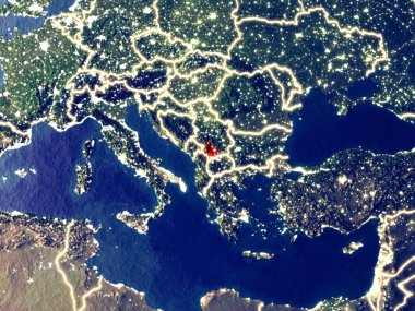 Gece de yeryüzünde alanı--dan Kosovo. Parlak şehir ışıkları ile plastik gezegen yüzeyinin çok ince ayrıntı. 3D çizim. Nasa tarafından döşenmiş bu görüntü unsurları.