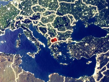 Makedonya gece dünyanın uzaydan. Parlak şehir ışıkları ile plastik gezegen yüzeyinin çok ince ayrıntı. 3D çizim. Nasa tarafından döşenmiş bu görüntü unsurları.