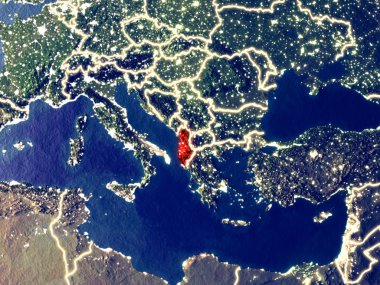 Arnavutluk gece dünyanın uzaydan. Parlak şehir ışıkları ile plastik gezegen yüzeyinin çok ince ayrıntı. 3D çizim. Nasa tarafından döşenmiş bu görüntü unsurları.