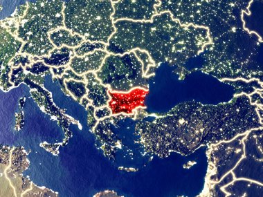 Bulgaristan gece dünyanın uzaydan. Parlak şehir ışıkları ile plastik gezegen yüzeyinin çok ince ayrıntı. 3D çizim. Nasa tarafından döşenmiş bu görüntü unsurları.