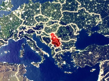 Sırbistan gece dünyanın uzaydan. Parlak şehir ışıkları ile plastik gezegen yüzeyinin çok ince ayrıntı. 3D çizim. Nasa tarafından döşenmiş bu görüntü unsurları.