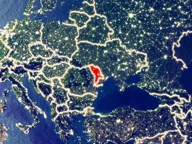 Moldova gece dünyanın uzaydan. Parlak şehir ışıkları ile plastik gezegen yüzeyinin çok ince ayrıntı. 3D çizim. Nasa tarafından döşenmiş bu görüntü unsurları.