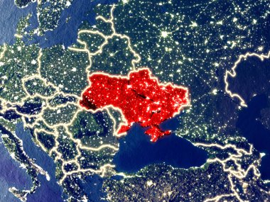 Ukrayna geceleri dünyanın uzaydan. Parlak şehir ışıkları ile plastik gezegen yüzeyinin çok ince ayrıntı. 3D çizim. Nasa tarafından döşenmiş bu görüntü unsurları.