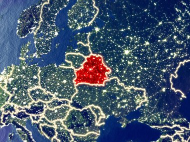 Beyaz Rusya gece dünyanın uzaydan. Parlak şehir ışıkları ile plastik gezegen yüzeyinin çok ince ayrıntı. 3D çizim. Nasa tarafından döşenmiş bu görüntü unsurları.