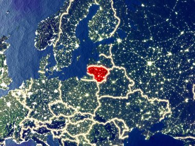 Litvanya gece dünyanın uzaydan. Parlak şehir ışıkları ile plastik gezegen yüzeyinin çok ince ayrıntı. 3D çizim. Nasa tarafından döşenmiş bu görüntü unsurları.