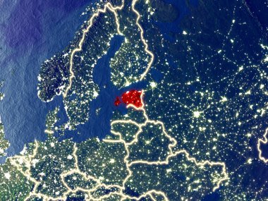 Estonya gece dünyanın uzaydan. Parlak şehir ışıkları ile plastik gezegen yüzeyinin çok ince ayrıntı. 3D çizim. Nasa tarafından döşenmiş bu görüntü unsurları.