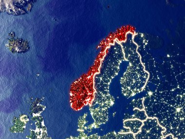 Norveç gece dünyanın uzaydan. Parlak şehir ışıkları ile plastik gezegen yüzeyinin çok ince ayrıntı. 3D çizim. Nasa tarafından döşenmiş bu görüntü unsurları.