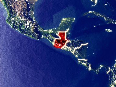 Guatemala gece dünyanın uzaydan. Parlak şehir ışıkları ile plastik gezegen yüzeyinin çok ince ayrıntı. 3D çizim. Nasa tarafından döşenmiş bu görüntü unsurları.