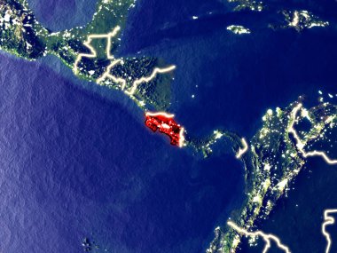 Kosta Rika gece dünyanın uzaydan. Parlak şehir ışıkları ile plastik gezegen yüzeyinin çok ince ayrıntı. 3D çizim. Nasa tarafından döşenmiş bu görüntü unsurları.