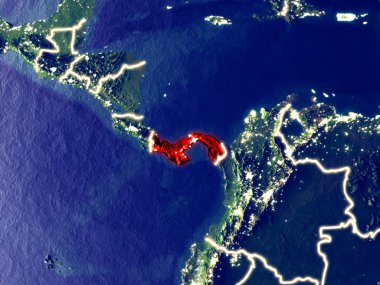 Panama gece dünyanın uzaydan. Parlak şehir ışıkları ile plastik gezegen yüzeyinin çok ince ayrıntı. 3D çizim. Nasa tarafından döşenmiş bu görüntü unsurları.