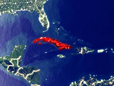 Küba'dan gece yeryüzünde alanı. Parlak şehir ışıkları ile plastik gezegen yüzeyinin çok ince ayrıntı. 3D çizim. Nasa tarafından döşenmiş bu görüntü unsurları.