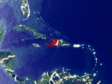 Haiti gece dünyanın uzaydan. Parlak şehir ışıkları ile plastik gezegen yüzeyinin çok ince ayrıntı. 3D çizim. Nasa tarafından döşenmiş bu görüntü unsurları.