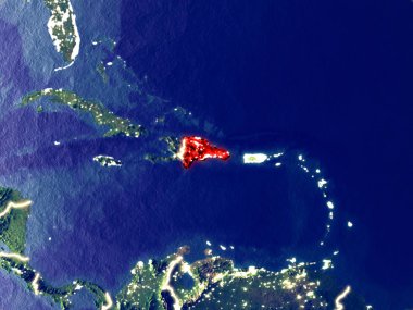 Dominik Cumhuriyeti gece dünyanın uzaydan. Parlak şehir ışıkları ile plastik gezegen yüzeyinin çok ince ayrıntı. 3D çizim. Nasa tarafından döşenmiş bu görüntü unsurları.