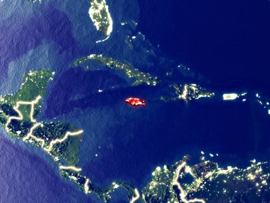 Jamaika gece dünyanın uzaydan. Parlak şehir ışıkları ile plastik gezegen yüzeyinin çok ince ayrıntı. 3D çizim. Nasa tarafından döşenmiş bu görüntü unsurları.