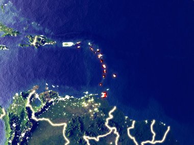 Karayipler gece dünyanın uzaydan. Parlak şehir ışıkları ile plastik gezegen yüzeyinin çok ince ayrıntı. 3D çizim. Nasa tarafından döşenmiş bu görüntü unsurları.