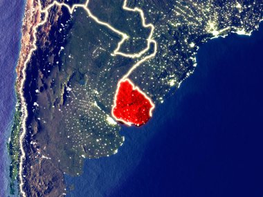 Uruguay gece dünyanın uzaydan. Parlak şehir ışıkları ile plastik gezegen yüzeyinin çok ince ayrıntı. 3D çizim. Nasa tarafından döşenmiş bu görüntü unsurları.