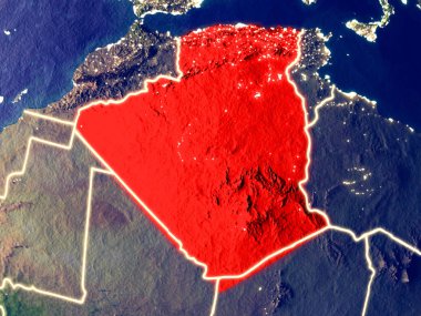 Cezayir gece dünyanın uzaydan. Parlak şehir ışıkları ile plastik gezegen yüzeyinin çok ince ayrıntı. 3D çizim. Nasa tarafından döşenmiş bu görüntü unsurları.