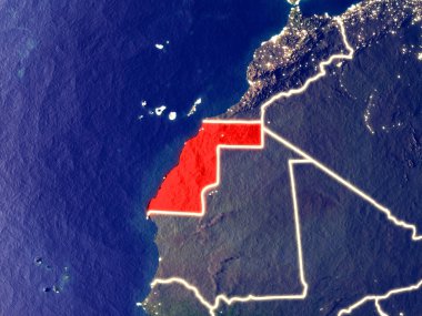 Batı Sahra gece dünyanın uzaydan. Parlak şehir ışıkları ile plastik gezegen yüzeyinin çok ince ayrıntı. 3D çizim. Nasa tarafından döşenmiş bu görüntü unsurları.