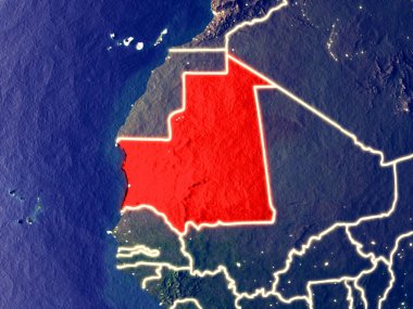 Moritanya gece dünyanın uzaydan. Parlak şehir ışıkları ile plastik gezegen yüzeyinin çok ince ayrıntı. 3D çizim. Nasa tarafından döşenmiş bu görüntü unsurları.
