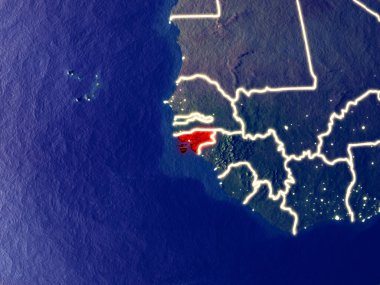 Gine-Bissau gece dünyanın uzaydan. Parlak şehir ışıkları ile plastik gezegen yüzeyinin çok ince ayrıntı. 3D çizim. Nasa tarafından döşenmiş bu görüntü unsurları.