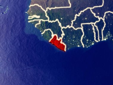 Liberya gece dünyanın uzaydan. Parlak şehir ışıkları ile plastik gezegen yüzeyinin çok ince ayrıntı. 3D çizim. Nasa tarafından döşenmiş bu görüntü unsurları.