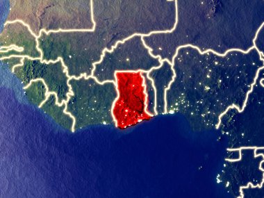 Gana gece dünyanın uzaydan. Parlak şehir ışıkları ile plastik gezegen yüzeyinin çok ince ayrıntı. 3D çizim. Nasa tarafından döşenmiş bu görüntü unsurları.