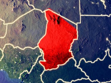 Chad gece dünyanın uzaydan. Parlak şehir ışıkları ile plastik gezegen yüzeyinin çok ince ayrıntı. 3D çizim. Nasa tarafından döşenmiş bu görüntü unsurları.