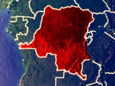 Kongo gece dünyanın uzaydan dem mümessili. Parlak şehir ışıkları ile plastik gezegen yüzeyinin çok ince ayrıntı. 3D çizim. Nasa tarafından döşenmiş bu görüntü unsurları.