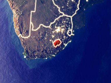 Lesotho gece dünyanın uzaydan. Parlak şehir ışıkları ile plastik gezegen yüzeyinin çok ince ayrıntı. 3D çizim. Nasa tarafından döşenmiş bu görüntü unsurları.