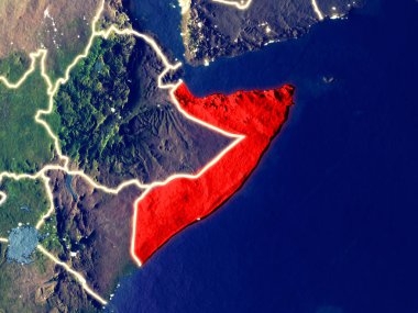 Somali gece dünyanın uzaydan. Parlak şehir ışıkları ile plastik gezegen yüzeyinin çok ince ayrıntı. 3D çizim. Nasa tarafından döşenmiş bu görüntü unsurları.