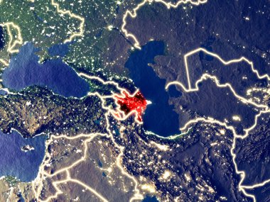 Azerbaycan gece dünyanın uzaydan. Parlak şehir ışıkları ile plastik gezegen yüzeyinin çok ince ayrıntı. 3D çizim. Nasa tarafından döşenmiş bu görüntü unsurları.