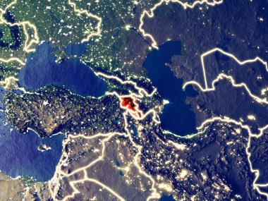 Ermenistan gece dünyanın uzaydan. Parlak şehir ışıkları ile plastik gezegen yüzeyinin çok ince ayrıntı. 3D çizim. Nasa tarafından döşenmiş bu görüntü unsurları.