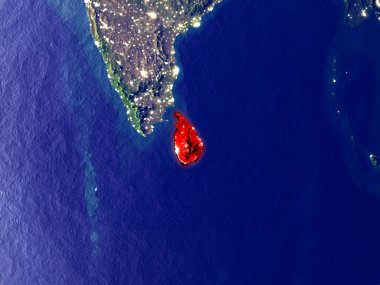 Sri Lanka gece dünyanın uzaydan. Parlak şehir ışıkları ile plastik gezegen yüzeyinin çok ince ayrıntı. 3D çizim. Nasa tarafından döşenmiş bu görüntü unsurları.