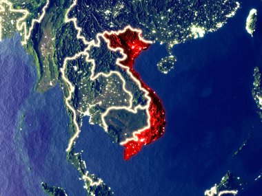 Vietnam gece dünyanın uzaydan. Parlak şehir ışıkları ile plastik gezegen yüzeyinin çok ince ayrıntı. 3D çizim. Nasa tarafından döşenmiş bu görüntü unsurları.