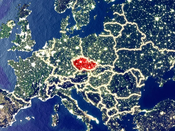 Çek Cumhuriyeti gece dünyanın uzaydan. Parlak şehir ışıkları ile plastik gezegen yüzeyinin çok ince ayrıntı. 3D çizim. Nasa tarafından döşenmiş bu görüntü unsurları.