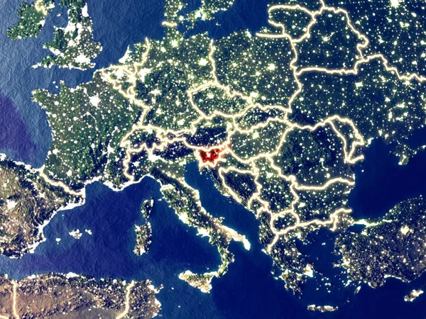 Slovenya gece dünyanın uzaydan. Parlak şehir ışıkları ile plastik gezegen yüzeyinin çok ince ayrıntı. 3D çizim. Nasa tarafından döşenmiş bu görüntü unsurları.