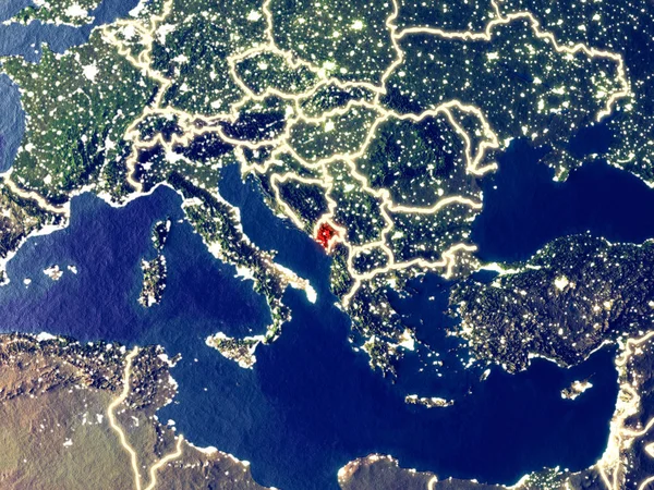 Karadağ gece dünyanın uzaydan. Parlak şehir ışıkları ile plastik gezegen yüzeyinin çok ince ayrıntı. 3D çizim. Nasa tarafından döşenmiş bu görüntü unsurları.