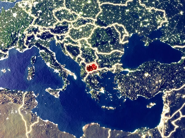 Makedonya gece dünyanın uzaydan. Parlak şehir ışıkları ile plastik gezegen yüzeyinin çok ince ayrıntı. 3D çizim. Nasa tarafından döşenmiş bu görüntü unsurları.