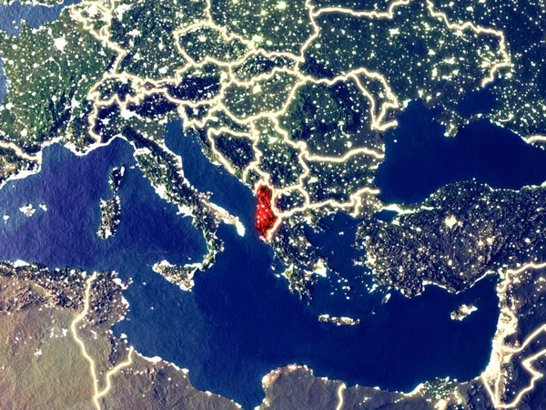 Arnavutluk gece dünyanın uzaydan. Parlak şehir ışıkları ile plastik gezegen yüzeyinin çok ince ayrıntı. 3D çizim. Nasa tarafından döşenmiş bu görüntü unsurları.