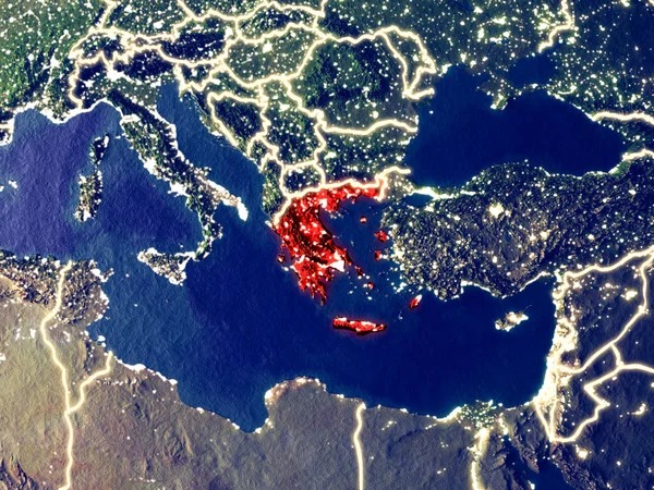 Yunanistan gece dünyanın uzaydan. Parlak şehir ışıkları ile plastik gezegen yüzeyinin çok ince ayrıntı. 3D çizim. Nasa tarafından döşenmiş bu görüntü unsurları.