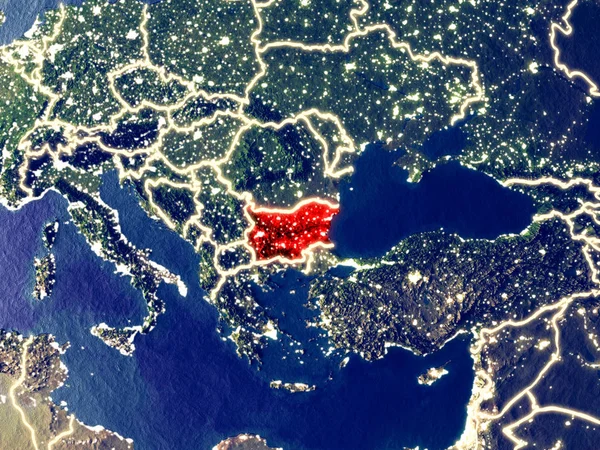 Bulgaristan gece dünyanın uzaydan. Parlak şehir ışıkları ile plastik gezegen yüzeyinin çok ince ayrıntı. 3D çizim. Nasa tarafından döşenmiş bu görüntü unsurları.