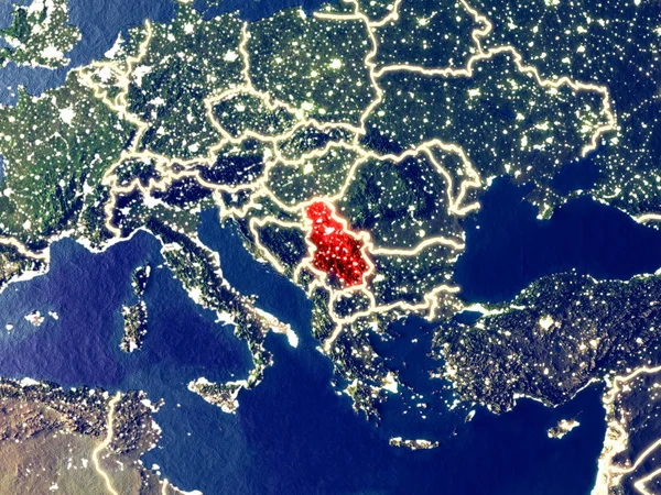 Sırbistan gece dünyanın uzaydan. Parlak şehir ışıkları ile plastik gezegen yüzeyinin çok ince ayrıntı. 3D çizim. Nasa tarafından döşenmiş bu görüntü unsurları.