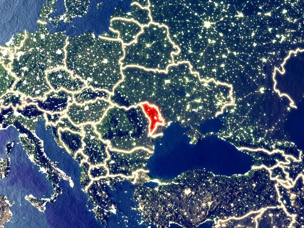 Moldova gece dünyanın uzaydan. Parlak şehir ışıkları ile plastik gezegen yüzeyinin çok ince ayrıntı. 3D çizim. Nasa tarafından döşenmiş bu görüntü unsurları.