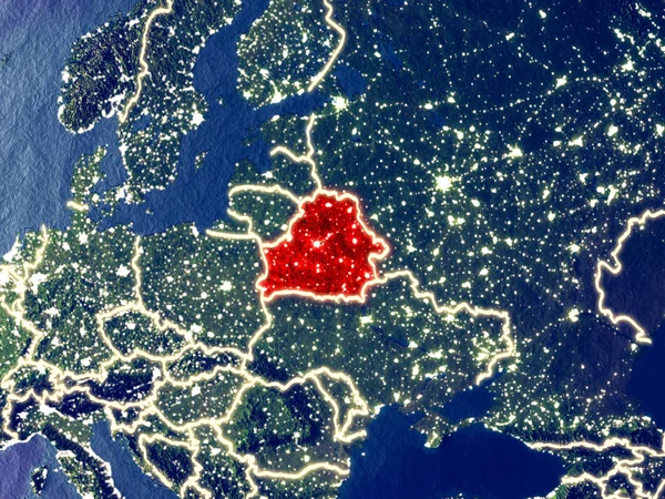 Beyaz Rusya gece dünyanın uzaydan. Parlak şehir ışıkları ile plastik gezegen yüzeyinin çok ince ayrıntı. 3D çizim. Nasa tarafından döşenmiş bu görüntü unsurları.