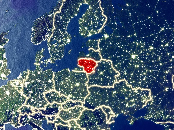 Litvanya gece dünyanın uzaydan. Parlak şehir ışıkları ile plastik gezegen yüzeyinin çok ince ayrıntı. 3D çizim. Nasa tarafından döşenmiş bu görüntü unsurları.