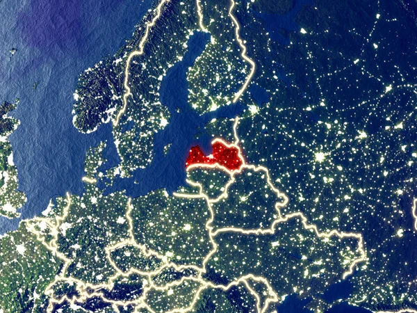 拉脱维亚从地球上的太空在夜间 非常精细的细节的塑料行星表面与明亮的城市灯光 美国宇航局提供的这张图片的元素 — 图库照片