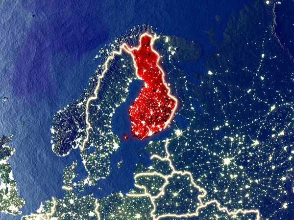 Finlandiya gece dünyanın uzaydan. Parlak şehir ışıkları ile plastik gezegen yüzeyinin çok ince ayrıntı. 3D çizim. Nasa tarafından döşenmiş bu görüntü unsurları.